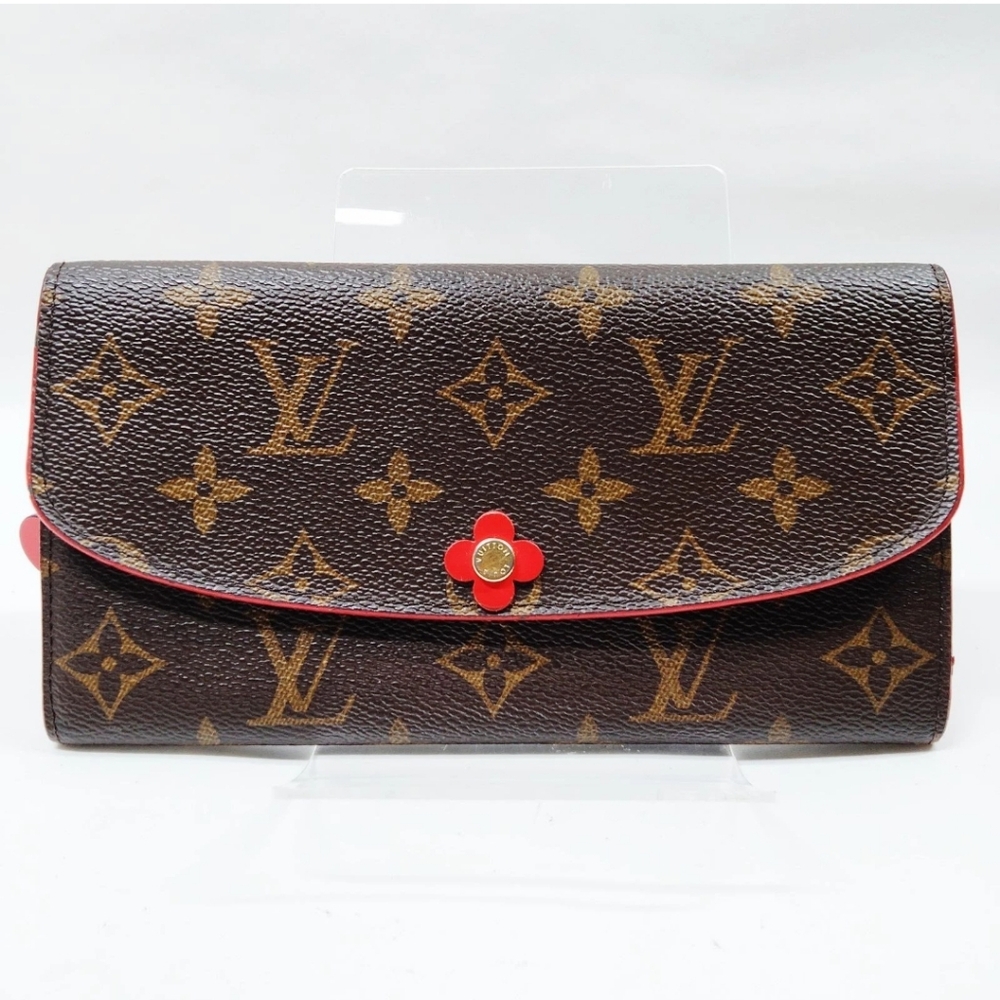 Louis Vuitton Brown Monogram Canvas Red Bloom Flower Emilie Wallet Coquelicot🌺